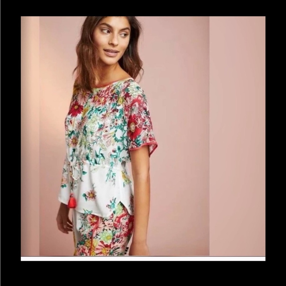 Anthropologie Red and Pink Boxy Short Sleeve Blouse